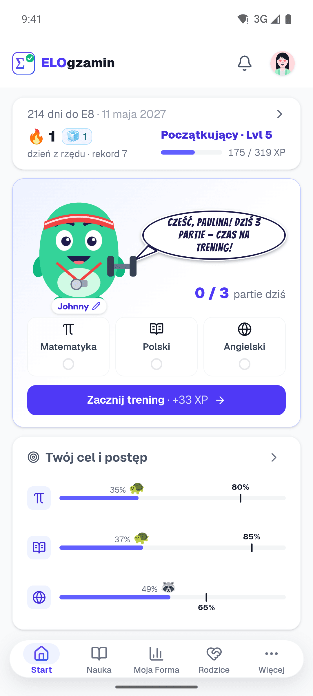 Aplikacja ELOgzamin: Codzienny Trening z trenerem personalnym oraz cel i postęp ucznia