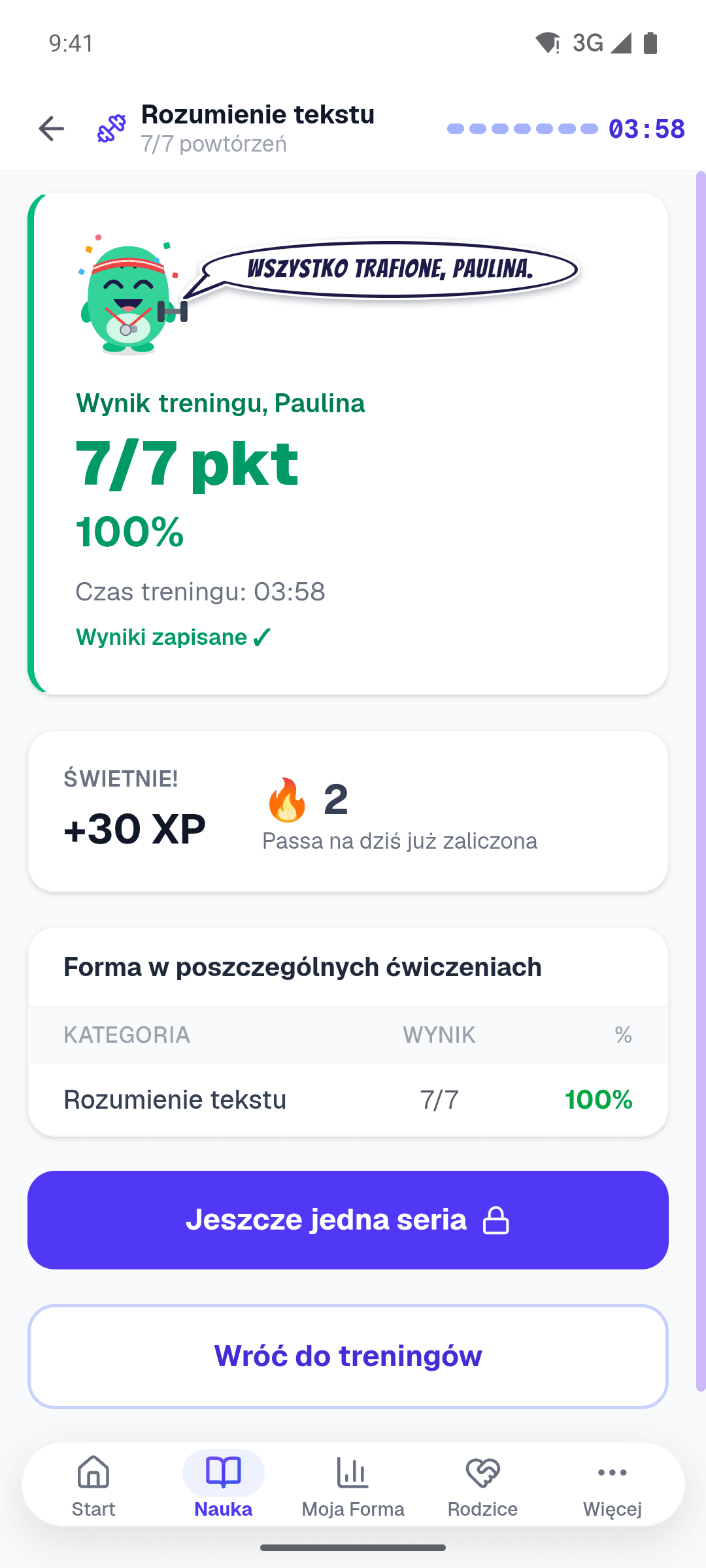 Podsumowanie serii w aplikacji: trener cieszy się z wyniku 7/7, +30 XP i passa 2 dni
