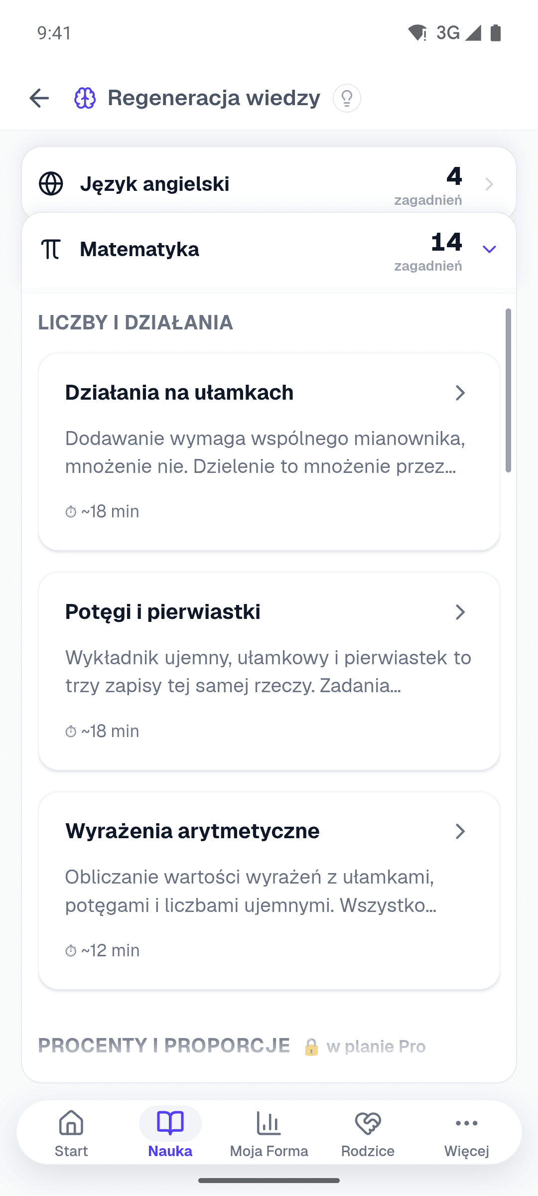 Regeneracja wiedzy w aplikacji: lista zagadnień z matematyki